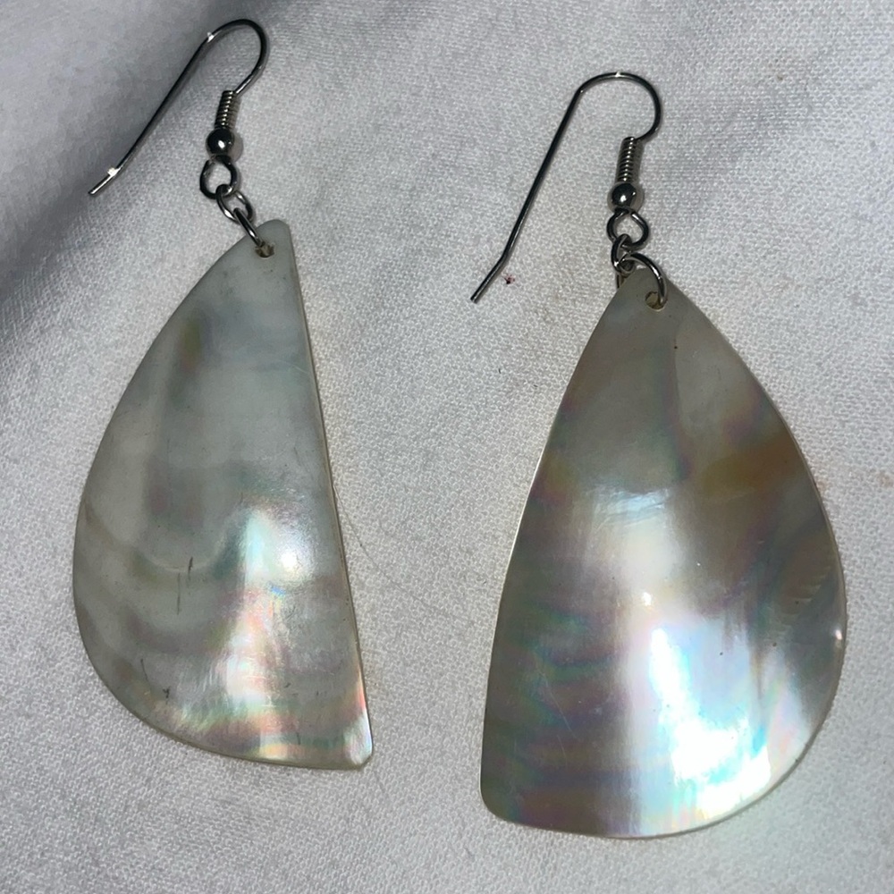 Vintage stainless steel hyper allergenic Carved MOP dangle ear wires